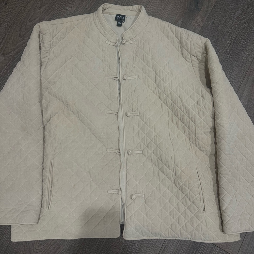 Eileen Fisher Quilted Beige  Cream Jacket Coat 100% Silk Large Knot/Loop Closure